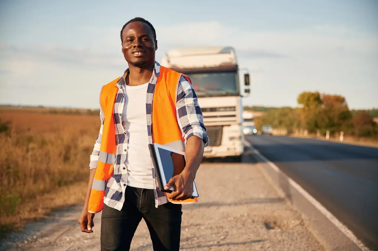 smiling driver standing next to truck on side road 2026 09 24 07 25 15 utc